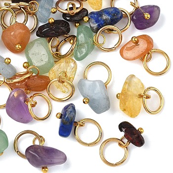 35Pcs 7 Colors Natural Mixed Gemstone Chip Pendants, Nuggets, with Brass Findings and 304 Stainless Steel Jump Rings, Stainless Steel Color, 16~17mm, 5pcs/color