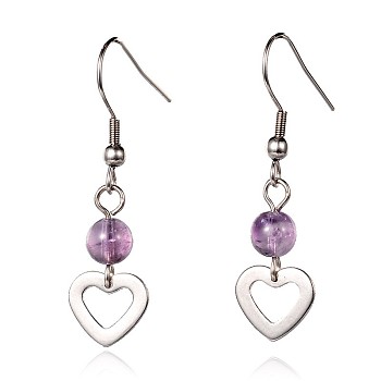 Heart Natural Amethyst Dangle Earrings, with 304 Stainless Steel Earring Hooks, 41mm, Pin: 0.6mm