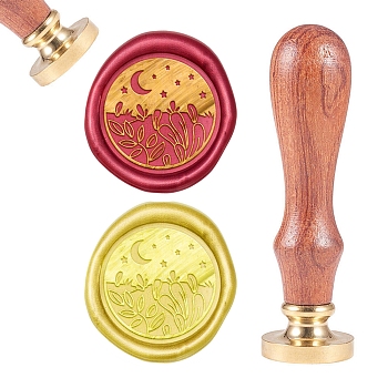 Brass Wax Seal Stamp, with Natural Rosewood Handle, for DIY Scrapbooking, Golden, Plants Pattern, Stamp: 25mm, Handle: 79.5x21.5mm