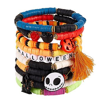 Halloween Theme, Polymer Clay Heishi Beaded Stretch Bracelets, with Alloy Findings, Cotton Thread Tassels and Synthetic Turquoise Beads, Golden, Mixed Color, Inner Diameter: 2 inch(5.2cm), 10pcs/set