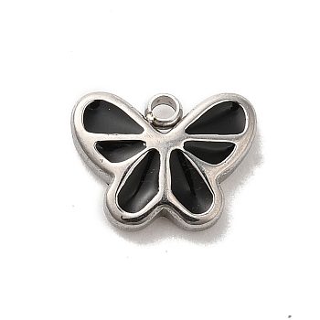 304 Stainless Steel Enamel Charms, Butterfly Charm, Stainless Steel Color, Black, 7x9.5x2mm, Hole: 1.2mm