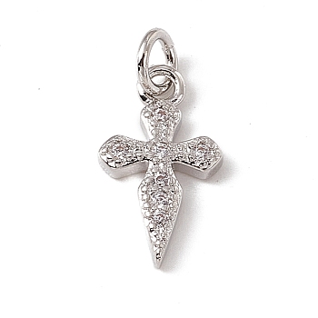 Brass Micro Pave Cubic Zirconia Charms, with Jump Rings, Religion Cross Charm, Platinum, 14.5x8x2mm, Hole: 2.7mm