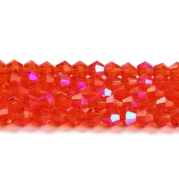 Transparent Electroplate Glass Beads Strands, AB Color Plated, Faceted, Bicone, Red, 3.5~3.8mm, about 113~115pcs/strand, 36~36.5cm