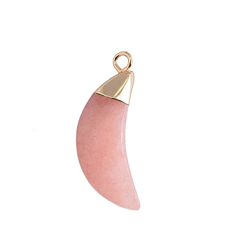 Natural Pink Jade Dyed Pendants, Faceted Moon Charms, with Golden Plated Brass Findings, 25x10mm