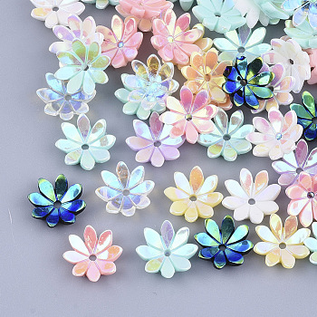 Opaque Resin Bead Caps, AB Color Plated, Multi-Petal, Flower, Mixed Color, 9.5x9.5x2.5mm, Hole: 1mm