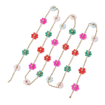 Colorful Glass Beaded Flower Link Chains, with 304 Stainless Steel Cable Chains, Golden, 101x11x4.5mm, about 3.20 Feet(0.98m)/Strand