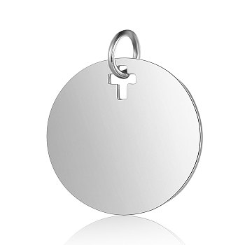 Anti-Tarnish 304 Stainless Steel Pendants, with Jump Ring, Manual Polishing, Flat Round Charm, Stamping Blank Tag, Stainless Steel Color, 16x1mm, Hole: 3.5mm