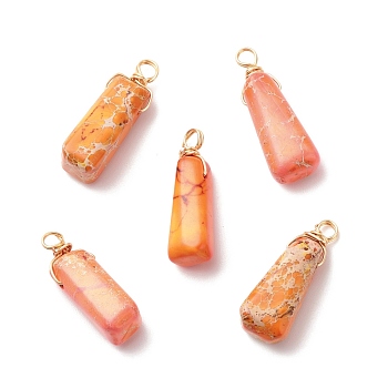 Natural Imperial Jasper Pendants, with Golden Tone Copper Wire Wrapped, Dyed, Trapezoid, 28~30x8.5~10.5x8.5~11mm, Hole: 3~3.3mm