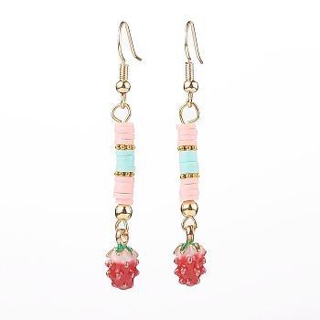 Polymer Clay Heishi Beads Dangle Earrings, with Alloy Enamel Charms and Brass Earring Hooks, Strawberry, Colorful, Golden, 57x7.5mm, Pin: 0.8mm