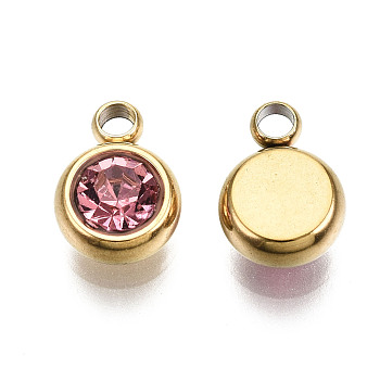 Vacuum Plating 201 Stainless Steel Rhinestone Charms, Birthstone Charms, Flat Round, Real 18K Gold Plated, Rose, 8.5x6x3mm, Hole: 1.5mm