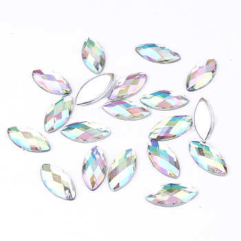 Imitation Taiwan Acrylic Rhinestone Cabochons, Flat Back & Faceted, Horse Eye, AB Color, Clear AB, 15x7x1.8mm, about 2000pcs/bag