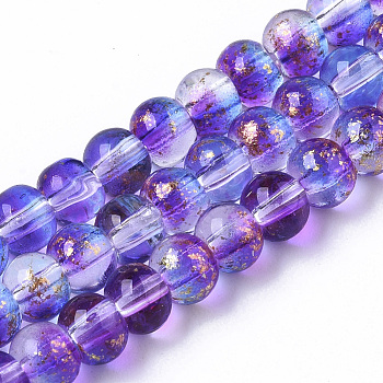 Transparent Spray Painted Glass Bead Strands, with Golden Foil, Round, Blue Violet, 4~5mm, Hole: 0.9~1.2mm, about 95~103pcs/Strand, 13.78 inch~14.88 inch(35~37.8cm)