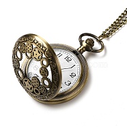 Alloy Glass Pendant Pocket Necklace, Electronic Watches, with Iron Chains and Lobster Claw Clasps, Flat Round with Gear, Antique Bronze, 18-3/8 inch(46.6cm), watches: 60x47x15mm(WACH-S002-10AB)