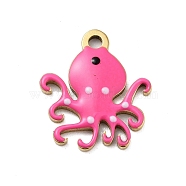 Ion Plating(IP) 201 Stainless Steel Charms, with Enamel, Real 18K Gold Plated, Sea Animal, Octopus Charm, Hot Pink, 13.5x12x1.5mm, Hole: 1.4mm(X-STAS-A101-01B-02G)