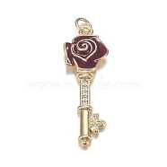 Brass Micro Clear Cubic Zirconia Pendants, with Enamel, Long-Lasting Plated, Rose Key, Dark Red, Real 18K Gold Plated, 27x9x4mm, Hole: 3mm(ZIRC-F120-088G)