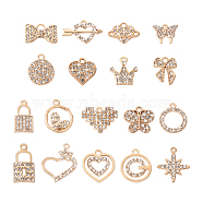 36Pcs 18 Style Alloy Pendants, with Crystal Rhinestone, Heart & Butterfly & Bowknot & Star & Ring & Padlock, Light Gold, 12~26x14~24x2~3.5mm, Hole: 1.4~3mm, 2pcs/style(FIND-KS0001-15)