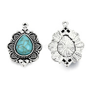 Tibetan Style Alloy Pendants, with Synthetic Turquoise, Cadmium Free & Lead Free, Teardrop, Antique Silver, 35x25x6mm, Hole: 1.8mm(PALLOY-R113-003-RS)