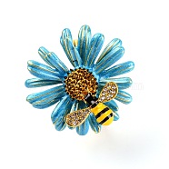 Zinc Alloy Napkin Rings, with Resin Rhinestone, Napkin Holder Adornment, Restaurant Daily Accessiroes, Flower & Bee, Deep Sky Blue, 52x51x53mm, Hole: 35mm(AJEW-WH0223-09B)