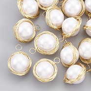 ABS Plastic Imitation Pearl Pendants, with Brass Wire, Round, Real 18K Gold Plated, 16~17x12~13.5x10mm, Hole: 2.5mm(KK-T035-69)
