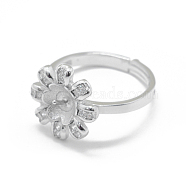 Adjustable 925 Sterling Silver Finger Ring Components, For Half Drilled Beads, with Cubic Zirconia, Flower, Clear, Platinum, Size: 6, 16mm, Tray: 6.5mm, Pin: 0.8mm(STER-L055-013P)