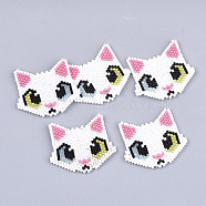 Handmade Kitten Japanese Seed Beads, Loom Pattern, Cat Head, White, 31x35~36x2mm(SEED-T002-04)