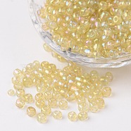 6/0 Transparent Rainbow Colours Round Glass Seed Beads, Pale Goldenrod, Size: about 4mm in diameter, hole:1.5mm, about 495pcs/50g(X-SEED-A007-4mm-162)