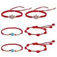 6Pcs 3 Style Adjustable Nylon Threads Braided Bracelets, Hamsa Hand /Hand of Miriam & Evil Eye, Red, 2pcs/style(BJEW-SZ0001-58)