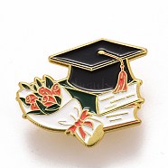 Doctorial Hat with Book and Bouquet Enamel Pin, for Teachers Students, Alloy Enamel Brooch for Backpack Clothes, Golden, Colorful, 25.5x31x1.5mm, Pin: 1.2mm(JEWB-M023-17)