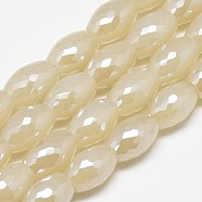 Electroplate Glass Beads Strands, Rainbow Plated, Faceted, Oval, Antique White, 11~12x8mm, Hole: 1mm, about 60pcs/strand, 27.56 inch(EGLA-Q089-B02)