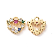 Heart Brass Micro Pave Colorful Cubic Zirconia Charms, Cadmium Free & Nickel Free & Lead Free, Real 18K Gold Plated, 9x9x2mm, Hole: 1.2mm(KK-G435-15G)