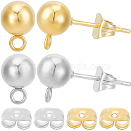 40Pcs 2 Styles 304 Stainless Steel Round Ball Post Stud Earring Findings, with Loop, 20Pcs Ear Nuts, Real 24K Gold Plated & Stainless Steel Color, 9~18x6~9x6mm, Hole: 1.8~2mm, Pin: 0.6~0.8mm, 20Pcs/style(STAS-BBC0004-79)