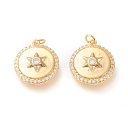 Brass Micro Pave Clear Cubic Zirconia Pendants, with Jump Rings, Long-Lasting Plated, Flat Round with Star of David, Real 20K Gold Plated, 17x15x3.3mm, Jump Ring: 4x0.5mm, 3mm Inner Diameter(X-ZIRC-L098-018G)