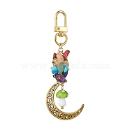 Alloy Hollow Moon & Lampwork Mushroom Pendant Decorations, Natural & Synthetic Mixed Stone Chip and Swivel Clasps Charm, Green Yellow, 99mm(HJEW-JM01612-01)
