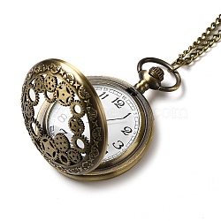 Alloy Glass Pendant Pocket Necklace, Electronic Watches, with Iron Chains and Lobster Claw Clasps, Flat Round with Gear, Antique Bronze, 16.14 inch(41cm), watches: 60x47x15mm(WACH-S002-10AB)