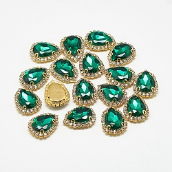 Sew on Rhinestone, Multi-strand Links, Glass Rhinestones, with Brass Findings, Garments Accessories, teardrop, Golden, Med.Emerald, 19x14.5x7mm, Hole: 1mm(RGLA-T122-10x14-15G)