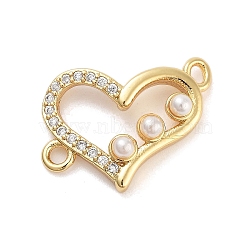 Rack Plating Brass Micro Pave Clear Cubic Zirconia Heart Connector Links, with ABS Pearl, Long-Lasting Plated, Lead Free & Cadmium Free, Real 18K Gold Plated, 14x19x4.5mm, Hole: 1.6mm(KK-Z064-44G)