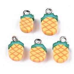Handmade Polymer Clay Charms, with Platinum Tone Iron Findings, Pineapple, Yellow, 12~14.5x7~9x4mm, Hole: 1.8mm(X-CLAY-T016-57)