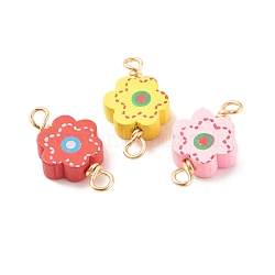 Spray Painted Wood Connector Charms, with Golden Tone Copper Wire Loops, Flower, Mixed Color, 26~27x15x6mm, Hole: 3~3.5mm(PALLOY-JF01427-16)