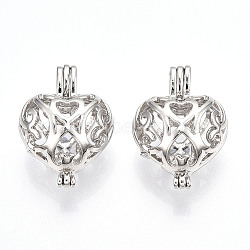 Brass Locket Pendants, Bead Cage Pendants, Hollow, Heart, Platinum, 24x17x10.5mm, Hole: 3mm, inner measure: 11x14mm(PALLOY-S094-43P-01)