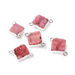 Natural Druzy Quartz Links connectors, with Brass Findings, Square, Silver, Red, 16~18x13~14x6~8mm, Hole: 2mm(G-P396-09S-06)