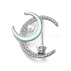 Alloy Crystal Rhinestone Double Moon Brooches, with Acrylic, Platinum, 37x35mm(JEWB-C037-03P)