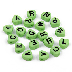 Opaque Acrylic Enamel Beads, Horizontal Hole, Heart with Mixed Black Letters, Green, 7x7x4mm, Hole: 1.5mm, about 3600pcs/500g(MACR-S273-37G)