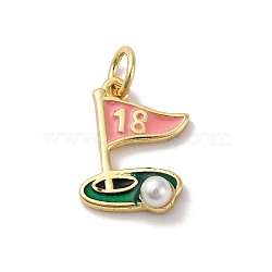 Brass Enamel Charms, with ABS Imitation Pearl, Golf 18th Hole Charm, with Jump Ring, Cadmium Free & Lead Free, Rack Plating, Long-Lasting Plated, Real 18K Gold Plated, 14x10x4mm, Hole: 3.5mm(X-KK-Q098-37G-A)