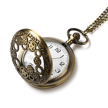 Alloy Glass Pendant Pocket Necklace, Electronic Watches, with Iron Chains and Lobster Claw Clasps, Flat Round with Gear, Antique Bronze, 18-3/8 inch(46.6cm), watches: 60x47x15mm