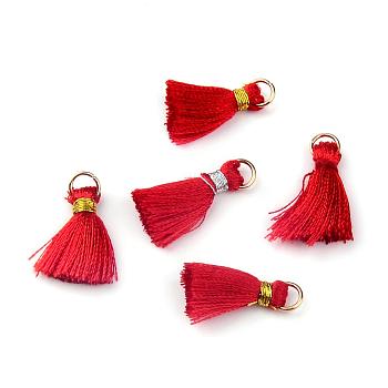 Nylon Thread Tassel Pendant Decorations, with Golden Iron Jump Rings, Random Color Binding Threads, Red, 19~30x9~11mm