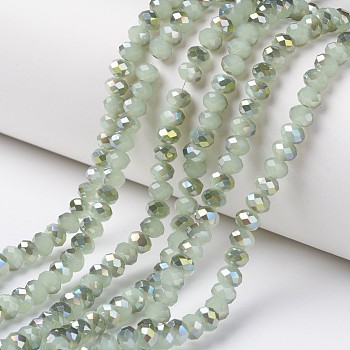 Electroplate Glass Beads Strands, Imitation Jade Beads, Pearl Luster Plated, Half Green Plated, Faceted, Rondelle, Yellow Green, 6x5mm, Hole: 1mm, about 92~94pcs/strand, 17~17.5 inch(42.5~43.75cm)
