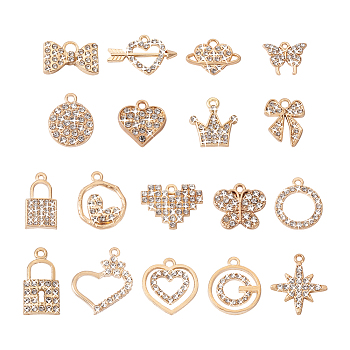 36Pcs 18 Style Alloy Pendants, with Crystal Rhinestone, Heart & Butterfly & Bowknot & Star & Ring & Padlock, Light Gold, 12~26x14~24x2~3.5mm, Hole: 1.4~3mm, 2pcs/style