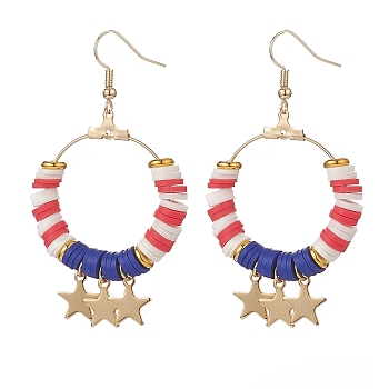 Independence Day Polymer Clay Heishi Beaded Ring with Star Dangle Earrings, Golden Brass Long Drop Earrings for Women, Colorful, 65mm, Pin: 0.7mm