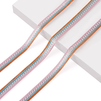 Polyester Yarn Ribbon, with Iron Curb Chain, Flat, Orange, 3/8 inch(9.5mm), 5yard/card