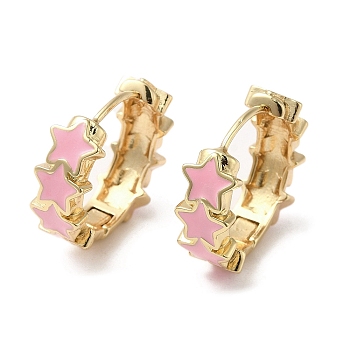 Star Real 18K Gold Plated Brass Hoop Earrings, with Enamel, Pink, 19.5x7mm